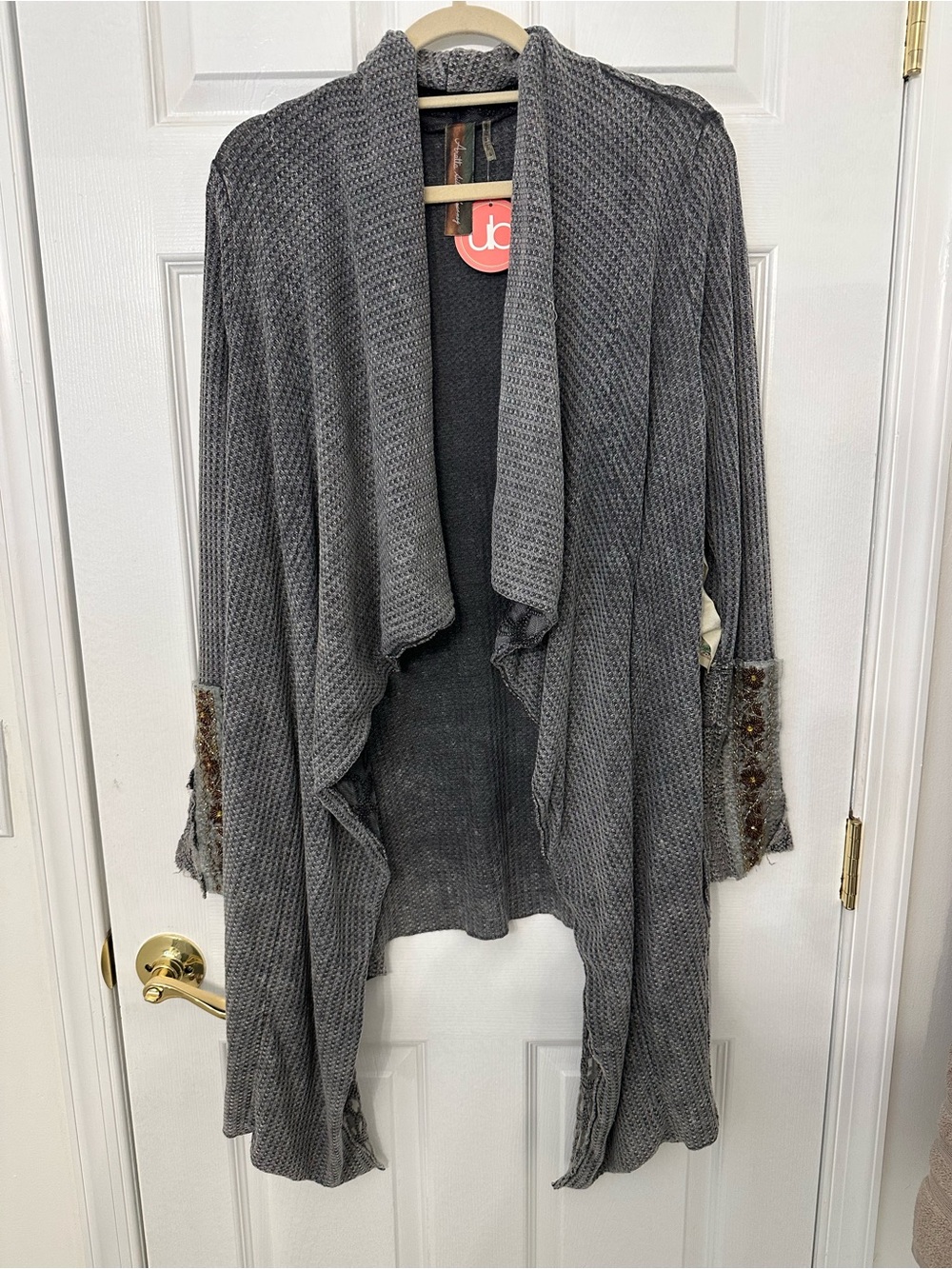 Aratta Charcoal Gray Draped Open-Front Cardigan with Embellished Cuffs